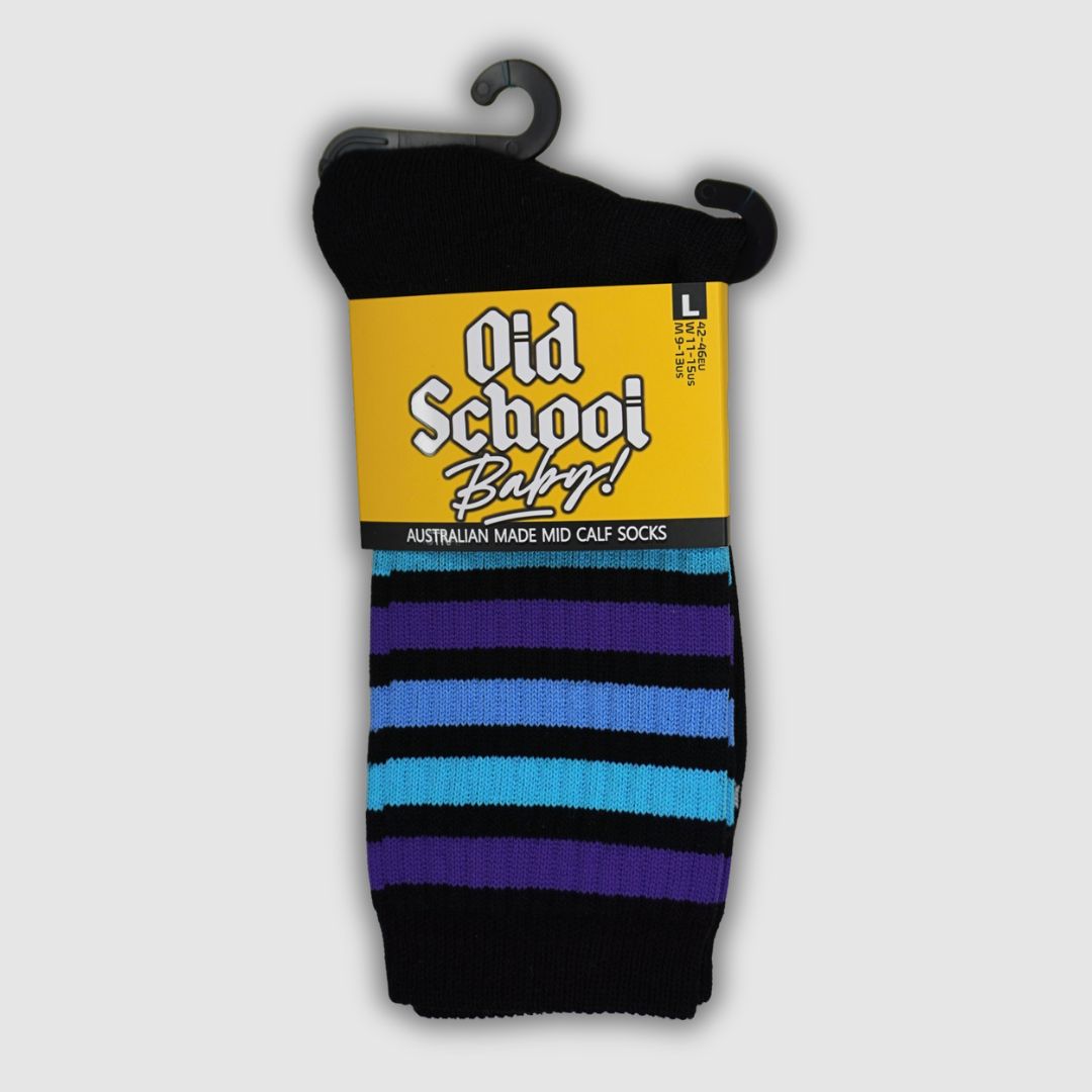 Old School Baby! Skate Socks Blue Purple Striped Blueberry Blast Mid High