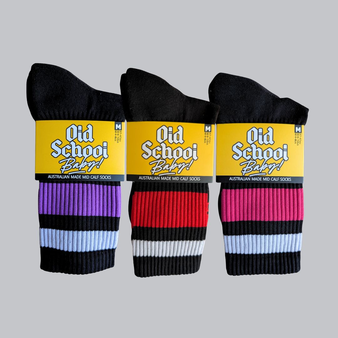 OLD SCHOOL BABY SOCKS TEAM RED, TEAM PURPLE, TEAM RED 