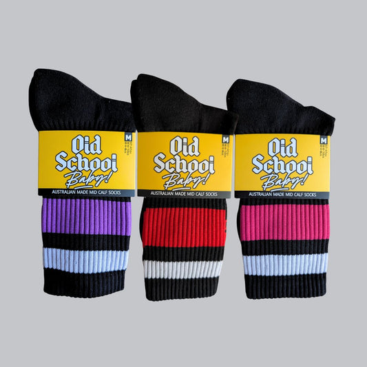 OLD SCHOOL BABY SOCKS TEAM RED, TEAM PURPLE, TEAM RED 