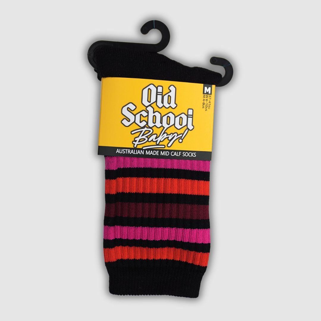 Old School Baby Skate Socks Raspberry Ripple Mid High Skate Socks Black Red Pink Maroon 