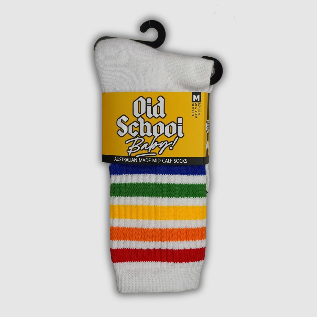 Old School Baby Rainbow Dream Mid High Skate Socks White Rainbow Pride 