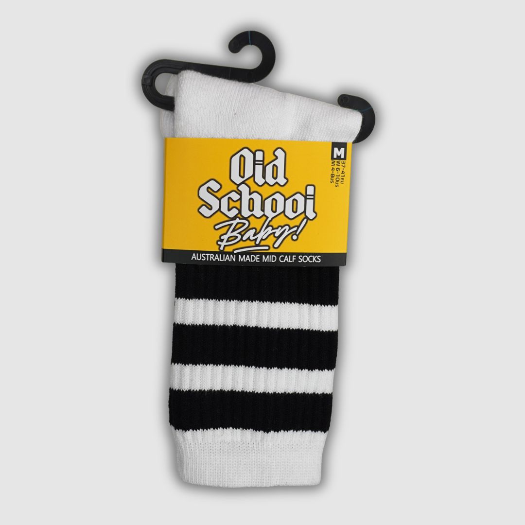 Old School Baby! Cool Cats Mid High Skate Socks White Black Striped 