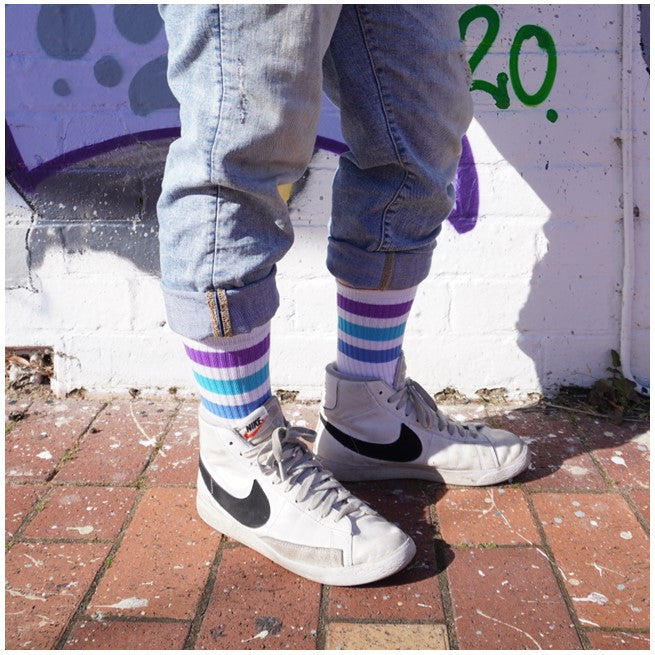 Old School Baby Socks Blue Moon Mid High Skate Socks White Purple Blue 