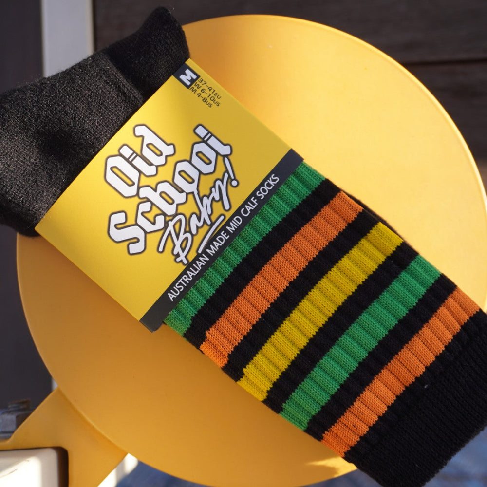 Old School Baby Socks Citrus Smash Mid High Black Socks Green Yellow Orange Spripes 