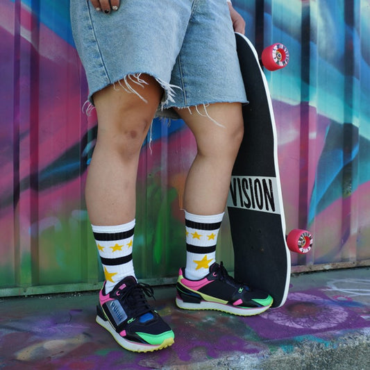 Superstar Mid High Skate Socks White Black Yellow - Old School Baby!