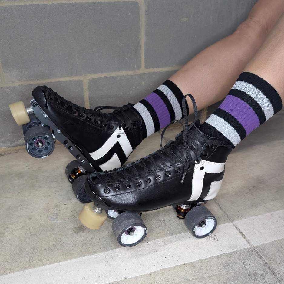 Old School Baby Team Purple Mid High Roller Skate Socks Black Purple